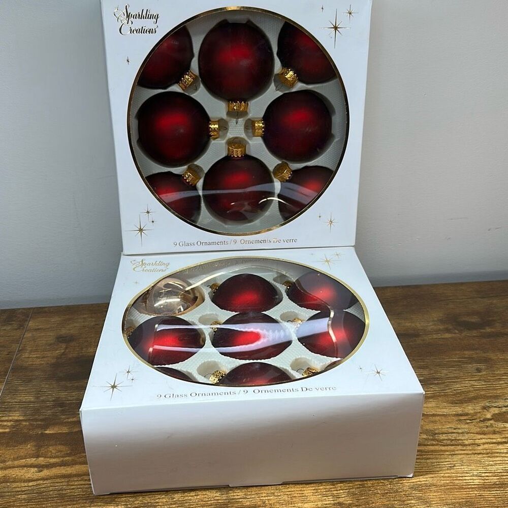 Sparkling Creations Burgundy Gold Glass‎ Ornaments Christmas set of 2